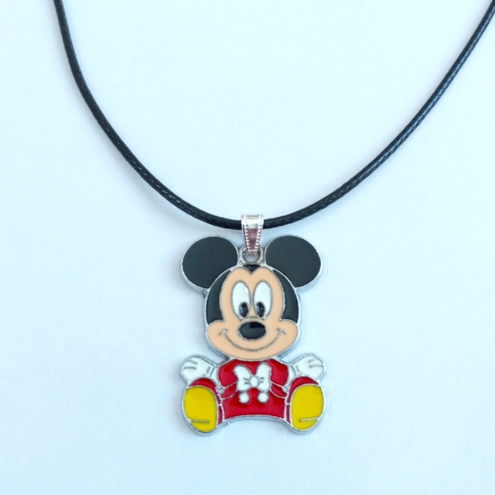 Baby Mickey Mouse Silvertone/Enamel Pendant 18" Adjustable Chain Cord Necklace